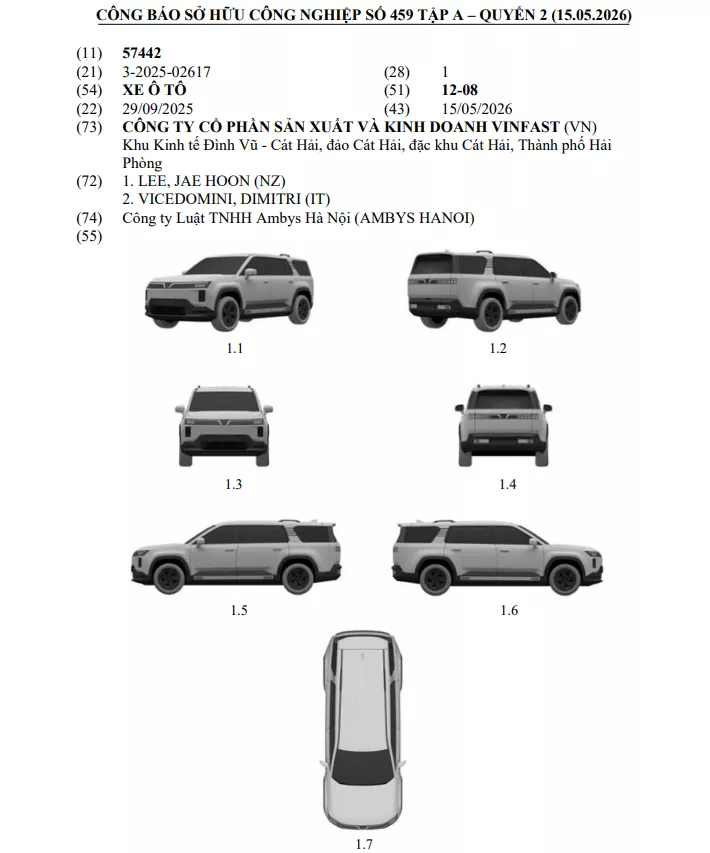 Phối cảnh thiết kế SUV cỡ lớn của VinFast vừa được đăng ký bảo hộ, với dải đèn LED trải ngang mặt ca lăng, không có lưới tản nhiệt.